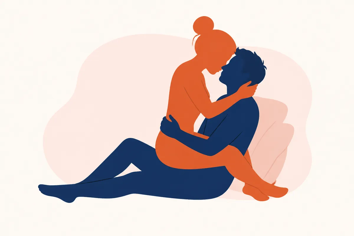 Ölelő ülő szexpozíció illusztrációja: a partner félig ülő helyzetben, a nő az ölében, szoros ölelésben irányít.